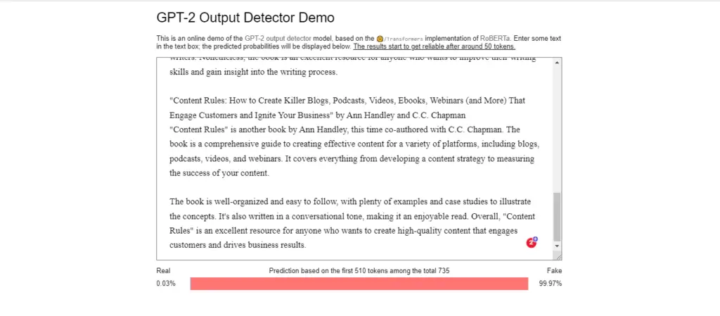 GPT 2 Output Detector from OpenAI can indeed Detect the AI-Generated Contents Easily