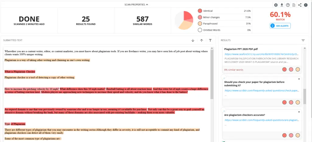 It has successfully caught two sources where I have copied two paragraphs.